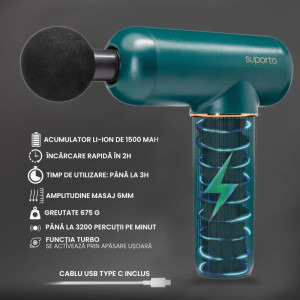 Suporto Pistol masaj profesional cu percutie, Vibromasaj, Negru