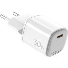 Incarcator retea Celly 1x USB-C, Quick Charge 30 W, GaN, White