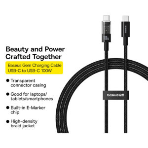 Baseus Gem, USB-C Male la USB-C Male, 1 m, 100W, Black