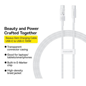 Baseus Gem, USB-C Male la USB-C Male, 100W, 2 m, White
