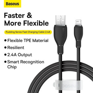 Baseus Pudding, USB Male la Lightning Male, 2 m, Black