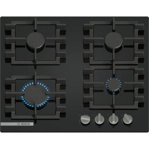 Plita incorporabila Bosch PNN6B6K40, Gaz, 4 zone de gatit, Aprindere electrica integrata, Sistem de siguranta, Gratar fonta, 60 cm, Negru