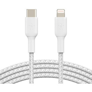 Cablu de date / adaptor Belkin BoostCharge Braided, USB-C Male la Lightning Male, 2m, White