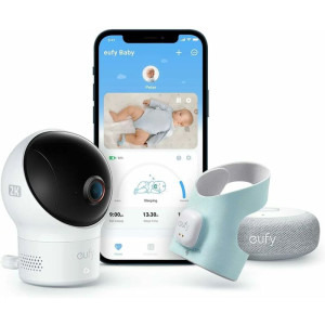 eufy Set monitorizare bebe Smart Sock S340, 2K, 2.4 GHz Wi-Fi, urmarire ritm cardiac si niveluri de oxigen din sange, alb