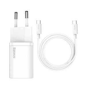 Incarcator retea Baseus Super Si, Quick Charge 25W, 1x USB-C, White + cablu USB Type-C la USB Type-C 1m