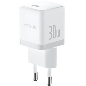 Incarcator retea Baseus Palm, Quick Charge 30W, 1x USB-C, White + cablu USB Type-C la USB Type-C 1m