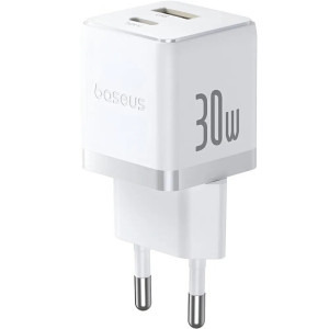 Incarcator retea Baseus Palm, Quick Charge 30W, 1x USB, 1x USB-C, White + cablu USB Type-C la USB Type-C 1m
