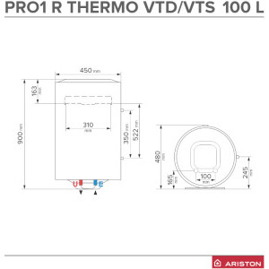 Ariston termoelectric Pro 1 R VTD, 100 L, 1800 W, Serpentina pe partea dreapta