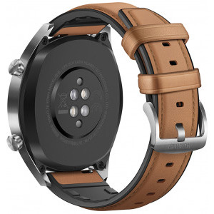 Huawei WATCH GT, Bluetooth, GPS, corp argintiu, curea piele maro, rezistent la apa, senzor HR