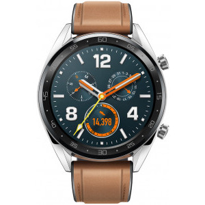 Huawei WATCH GT, Bluetooth, GPS, corp argintiu, curea piele maro, rezistent la apa, senzor HR