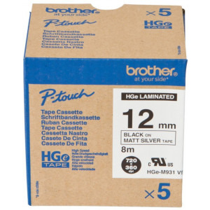 Brother Banda Laminata 12 mm black on matt silver 5-Pack