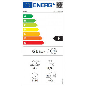 Beko DTC36610W, 6 seturi, 6 programe, Clasa F, 55 cm, Alb