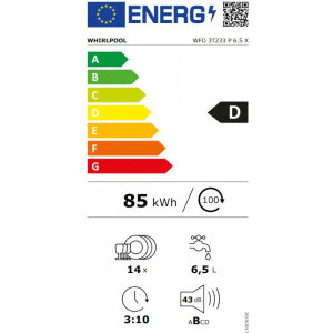 Whirlpool WFO3T233P65X, 14 seturi, 10 programe, Clasa D, PowerClean Pro, 6th Sense, Inverter, Natural Dry, 60 cm, Inox