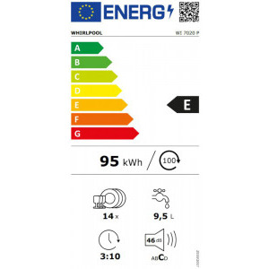 Whirlpool WI7020P, 14 seturi, 8 programe, Clasa E, PowerClean Pro, 6th Sense, Inverter, Natural Dry, 60 cm