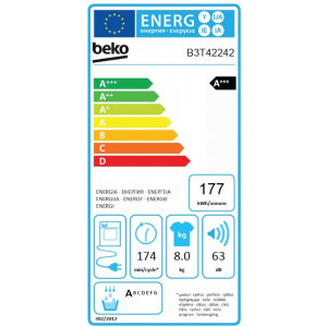 Beko B3T42242, Pompa de caldura, 8 kg, 15 programe, Clasa A+++, RecycledDry, ProSmart Inverter, OptiSense, Aquawave, Alb