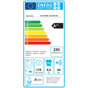 Electrolux EW7H458B, Pompa de caldura, 8 kg, Clasa A++, Alb