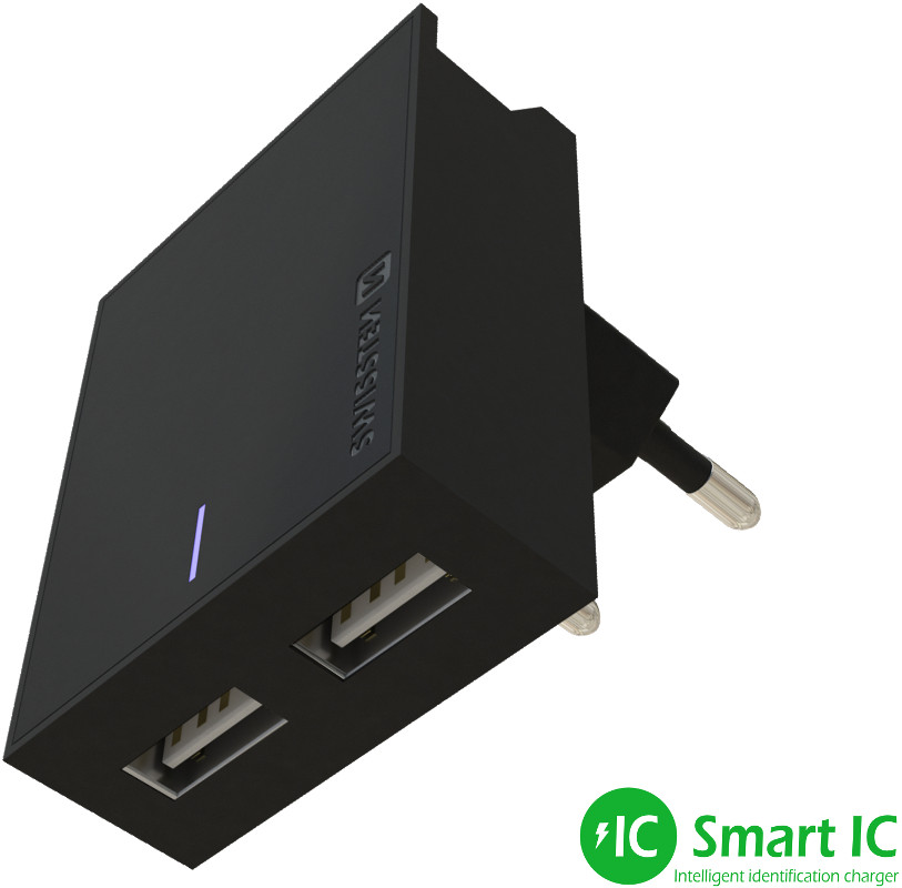Incarcator retea GSM Swissten Slim, 2x USB, 3A, Black cu tehnologia Smart IC + cablu USB-C
