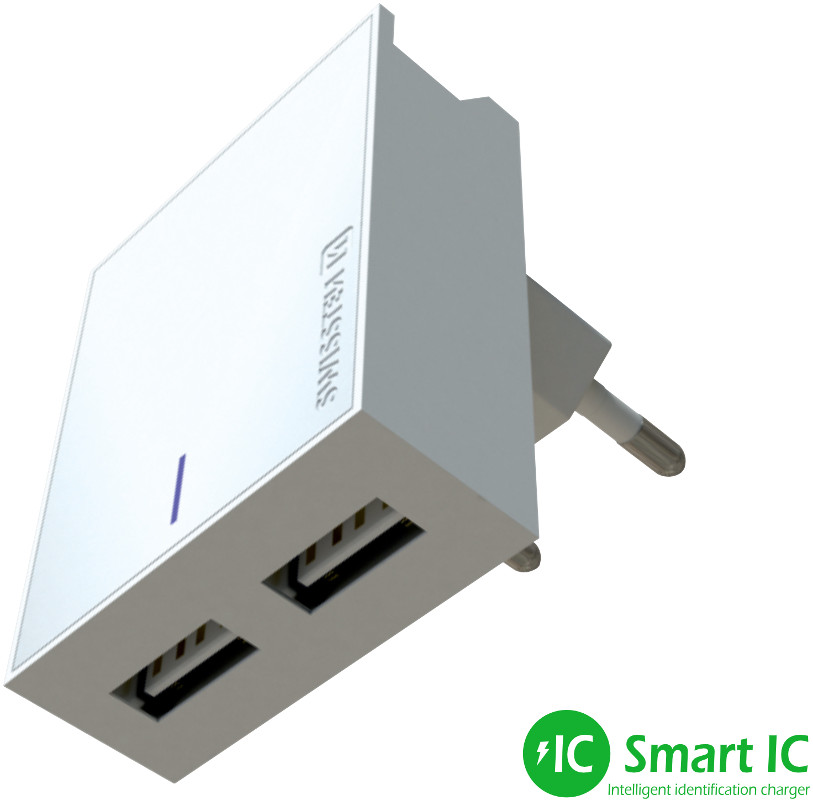 Incarcator retea GSM Swissten Slim, 2x USB, 3A, White cu tehnologia Smart IC