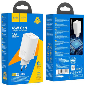 Hoco GaN, N23 Starlight, 2x USB-C, 45W, alb, tehnologia Quick Charge
