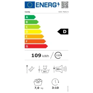 Candy GDS 7N2G-S, Slim, Pompa de caldura, 7 kg, Clasa D, AI Smart Move, Easy Iron Plus, Alb