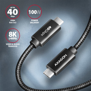 AXAGON USB-C 4 Gen 3x2 Male la USB-C 4 Gen 3x2 Male, 1 m, PD 100W, 5A, Negru