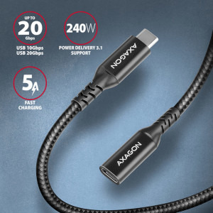 AXAGON USB-C 3.2 Gen 2 Male la USB-C 3.2 Gen 2 Female, 1 m, PD 240W, 5A, Negru