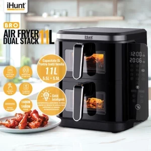 iHunt Friteuza cu aer cald Bro Dual Stack, 2800W, 5.5 L + 5.5L, Negru