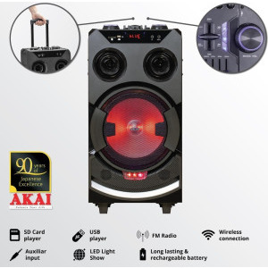 Akai Boxa portabila ABTS-112, 60W RMS, Bluetooth, Radio FM, USB, SD Card, Microfon Wireless inclus, Black