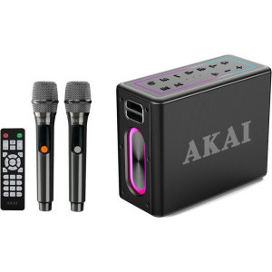 Akai Boxa portabila ABTSW-120, 80W, IPX6, Bluetooth 5.3, TWS, Black + 2 Microfoane wireless, Telecomanda, Cablu USB-C, Curea transport, Cablu AUX