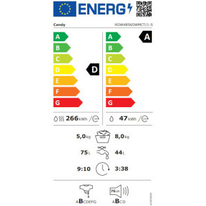 Candy ROW4856DWMCT/1-S, 8 kg spalare, 5 kg uscare, 1400 RPM, Clasa A, Inverter, Quick & Clean, Steam, Alb