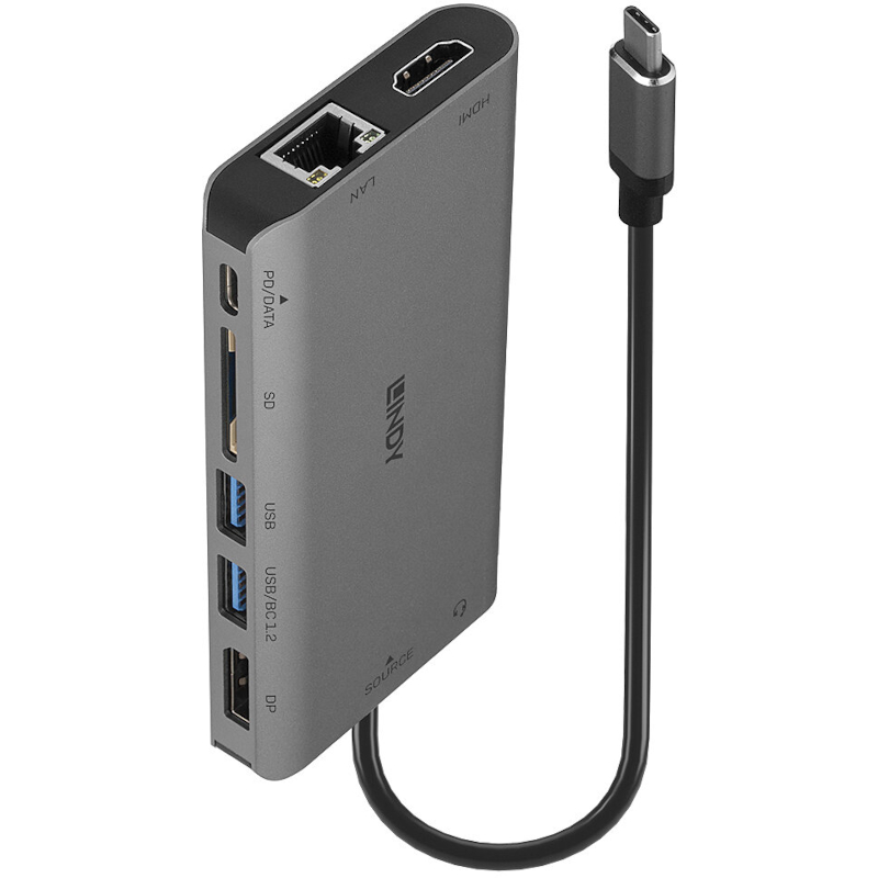 LINDY Mini Dock 1x USB-C, 1x HDMI 4K, 1x DP, 1x USB-C PD 100W, 2x USB 3.2, 1x Ethernet, 1x SD, 1x Ja