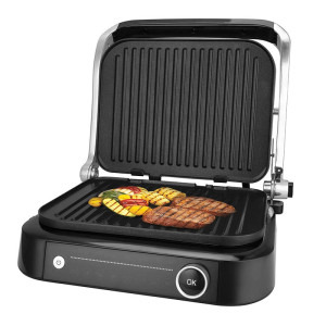 Fram Gratar electric FEG-2100SSBK, 2100W, deschidere 180˚, placi detasabile, 7 programe presetate + manual, senzori pentru detectare grosime, temperatura reglabila, dimensiuni placi: 31.3 x 24.4cm, Argintiu