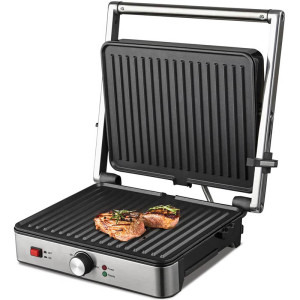 Heinner Gratar electric, SunsetGrill HEG-K2000SS, 2000W, Placi fixe cu invelis antiaderent, Dimensiuni placi: 30 x 24.9 cm, Temperatura reglabila, Maner rece, Deschidere 180˚, Indicatoare luminoase „ON” și „gata de folosire”, Tava colectare ulei, Argintiu-Negru