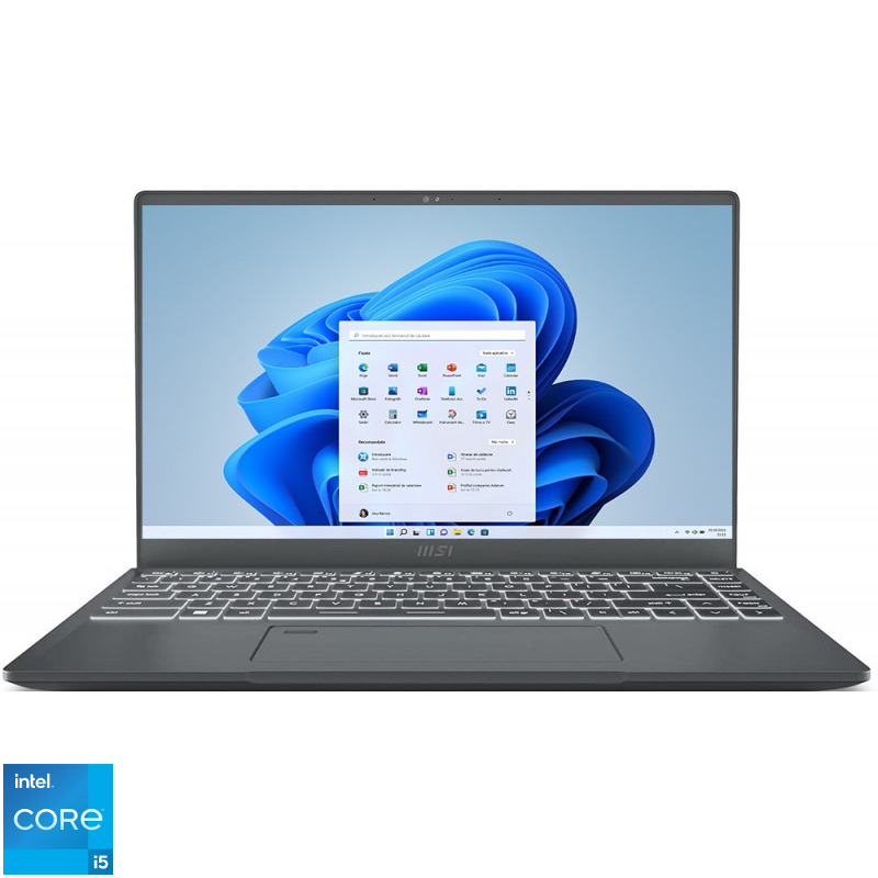 Laptop MSI 14'' Prestige 14Evo A12M, FHD, Procesor Intel® Core™ i5-1240P (12M Cache, up to 4.40 GHz), 16GB DDR4, 512GB SSD, Intel Iris Xe, Win 11 Home, Carbon Grey