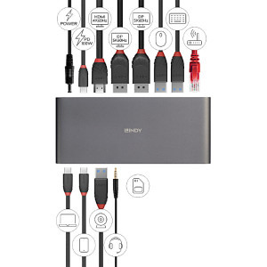 LINDY DST-Pro 5K XT, USB-C, USB 3.0, DisplayPort, HDMI, RJ-45, SD/MicroSD, Jack 3.5 mm, PD 100W, Silver