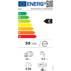 Beko BDFS26046XQ, Slim, 10 seturi, 6 programe, ProSmart Inverter, Clasa C, TimeDelay, AquaIntense, 45 cm, Inox