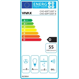 VIVAX telescopică CHO‑60PT100T X, Putere de absorbtie 289 m3/h, Clasa D, 2 trepte de viteza, Iluminare LED, 60 cm, Inox