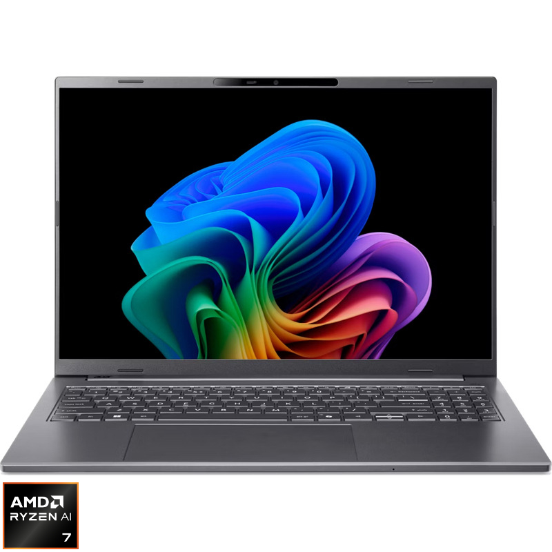 Laptop Acer 16'' Aspire 16 AI A16-61M, WUXGA+ OLED 120Hz, Procesor AMD Ryzen™ Al 7 350 (16M Cache, up to 5.00 GHz), 32GB LPDDR5X, 1TB SSD, AMD Radeon 860M, No OS, Steel Gray