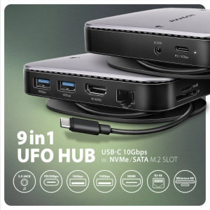 AXAGON Docking Station HMC-UFO, USB-C 10Gbps, 9-in-1, 100W Power Delivery, 4K HDMI, NVMe/SATA M.2, Gigabit LAN, SD/microSD, Jack 3.5mm