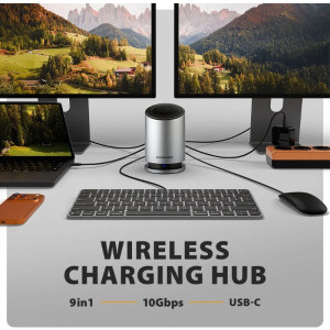 AXAGON HMC-WL9 Docking Station USB-C 10Gbps, 9-in-1, Wireless Charging 15W, 100W Power Delivery, 1x HDMI 4K, 1x DisplayPort 4K, Gigabit LAN