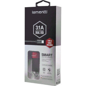 Lemontti 2x USB, 15W, Black/Red + cablu USB-C