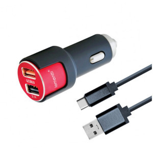 Lemontti 2x USB, QC 3.0, 18W, Black/Red + cablu USB-C