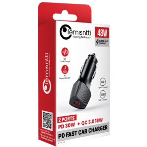 Lemontti 1x USB-C Fast Charging PD, 1x USB-A QC 3.0, 48W, Black