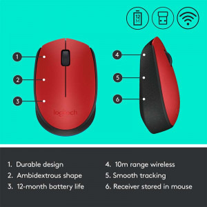 Logitech M171, Wireless, Red