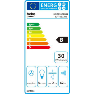 Beko telescopica HNT63322WH, Putere de absorbtie 320 m3/h, 3 trepte de viteza, Iluminare LED, 60 cm, Alb