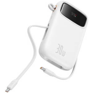Baterie externa Baseus Qpow2, 20000 mAh, 1x USB, 2x USB-C, 30 W, Display, Cablu USB-C integrat, White