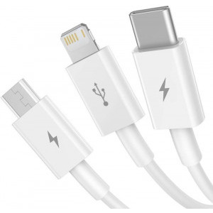 Baseus 3-In-1, Superior Series, CAMLTYS-02, USB Male la microUSB, USB-C, Lightning Male, 1.2 m, White, amperaj maxim suportat 3.5A