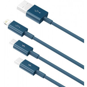 Baseus 3-In-1, Superior Series, CAMLTYS-03, USB Male la microUSB, USB-C, Lightning Male, 1.2 m, Blue, amperaj maxim suportat 3.5A