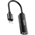 Cablu de date / adaptor Baseus 3-In-1 adaptor CALL52-01, Lightning Male la 2x Lightning, Jack 3.5 mm Female, Black
