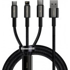 Cablu de date / adaptor Baseus 3-In-1, Tungsten CAMLTWJ-01, USB Male la microUSB, USB-C, Lightning Male, 1.5 m, Black, amperaj maxim suportat 3.5A